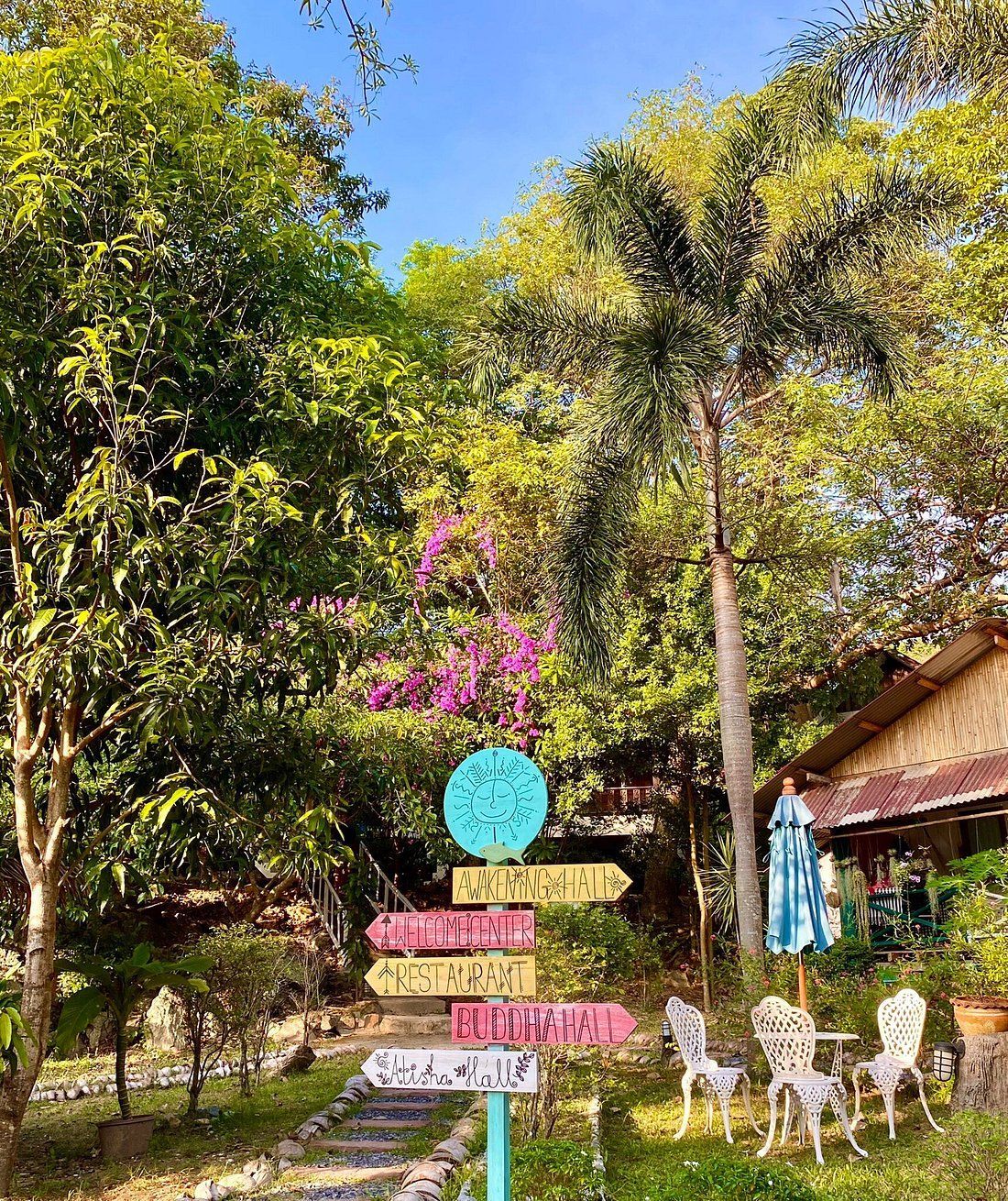 Signpost in garden with white chairs and table, surrounded by trees and lush greenery.