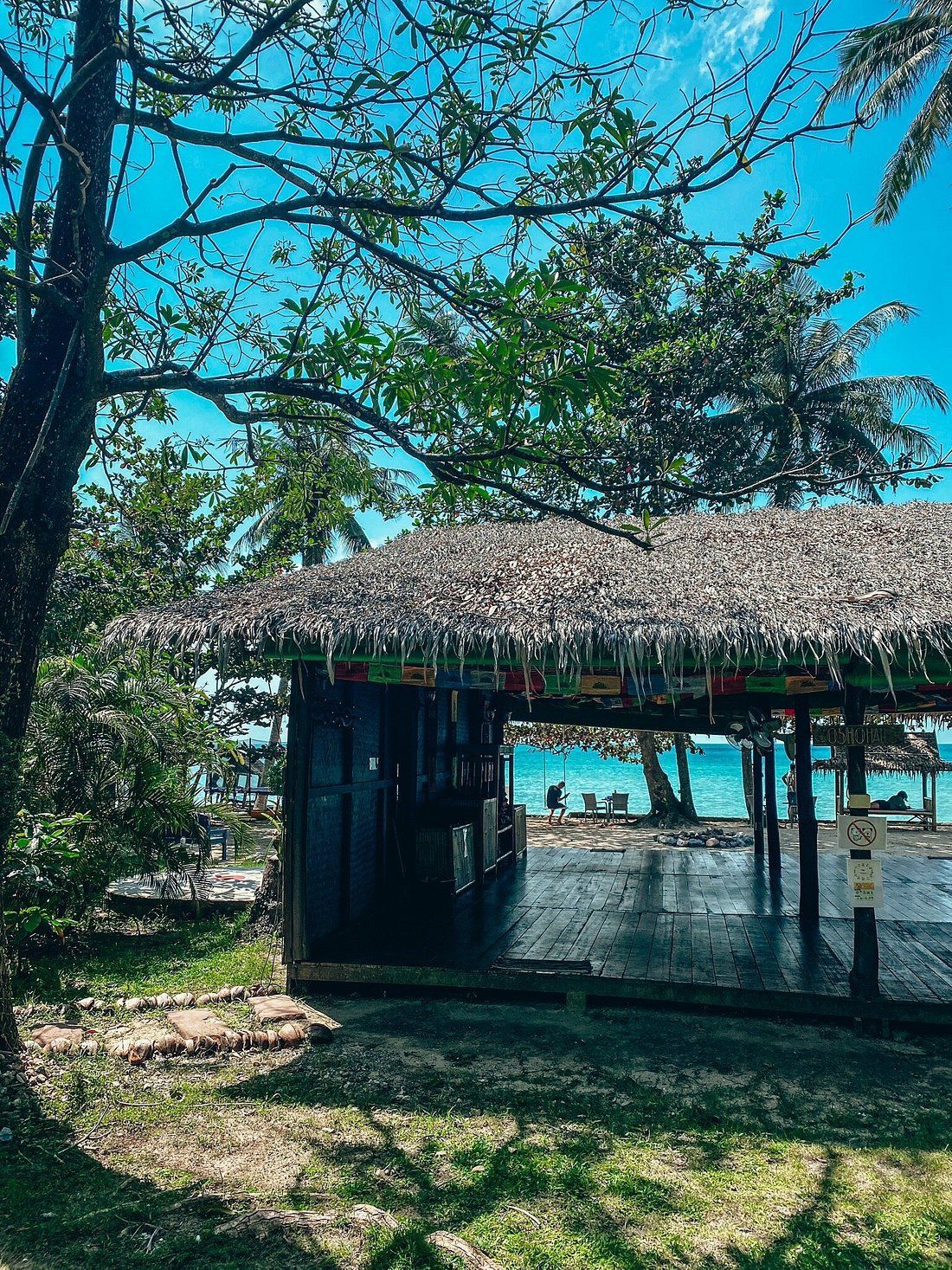 Beachside hut with thatched roof, overlooking turquoise ocean under a bright blue sky.