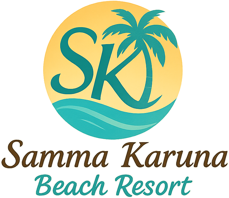 Logo for Samma Karuna Beach Resort: yellow circle with teal waves, palm tree, and teal
