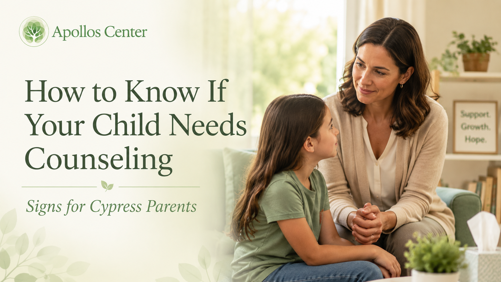 Parent and child discussing counseling signs with Apollos Center in Cypress TX