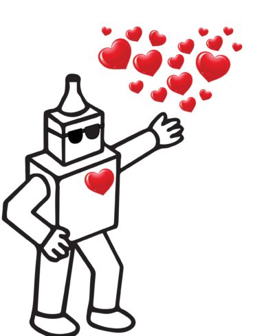 A black and white drawing of a robot with hearts coming out of his chest.