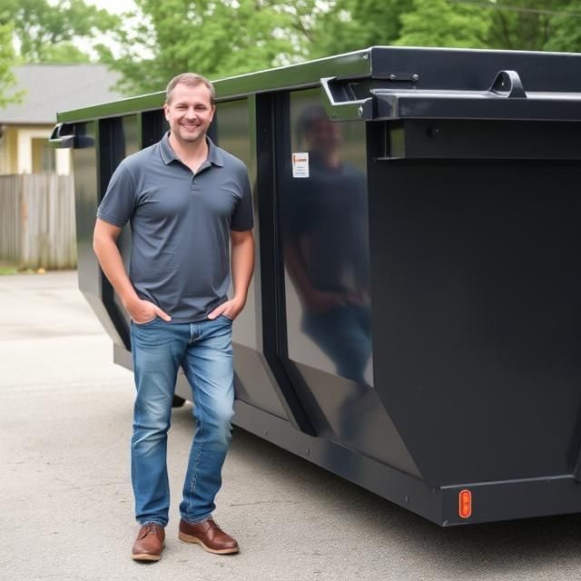 Man in gray polo and jeans stands by a large black dumpster, smiling.