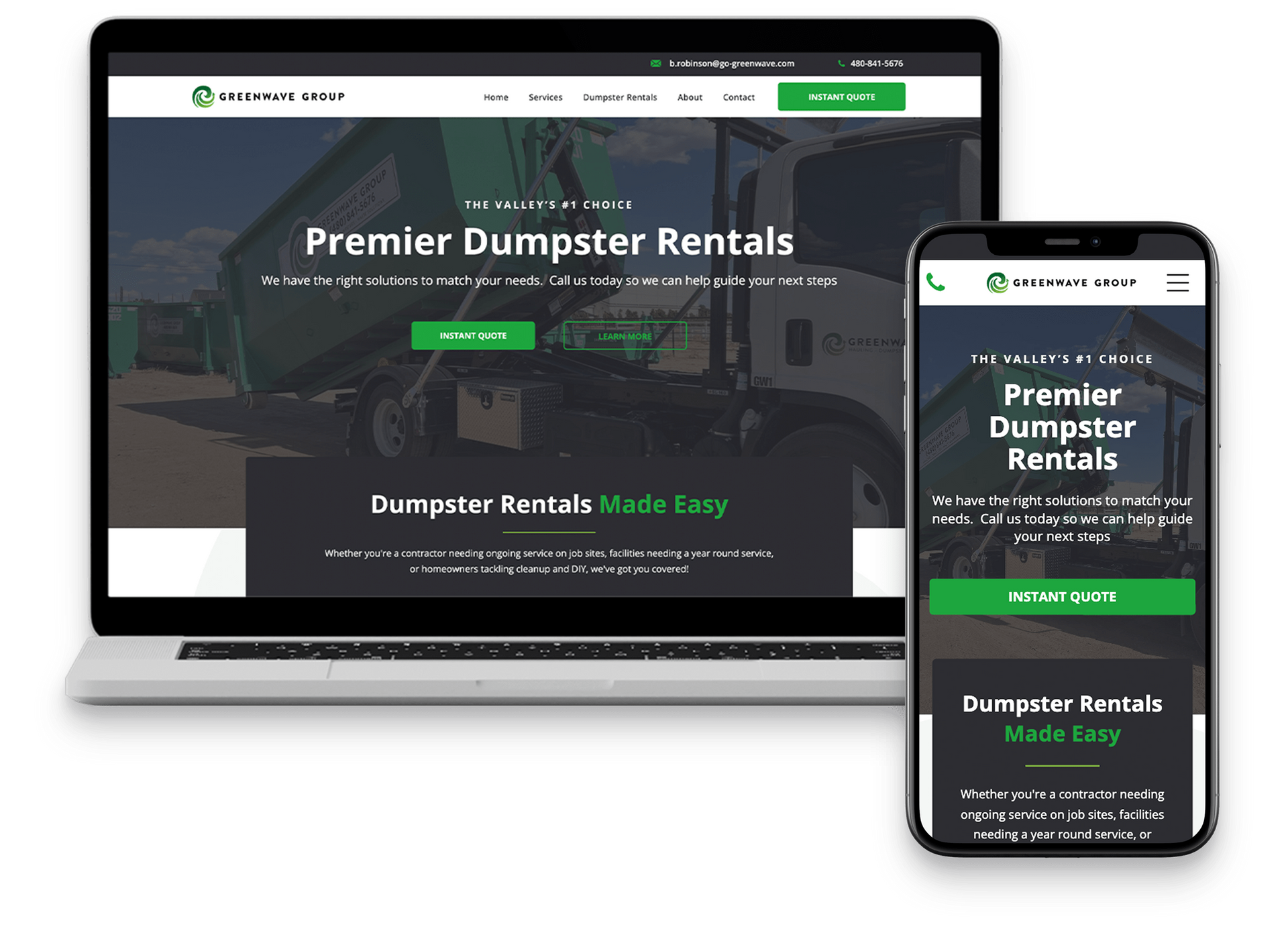 Laptop and phone showing a website for Premier Dumpster Rentals; green and black color scheme.
