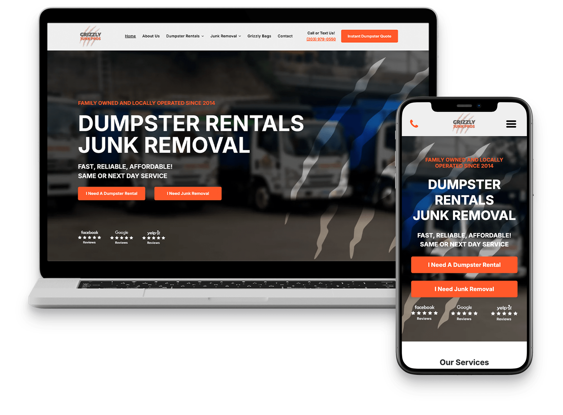 Laptop and phone display a website for dumpster rentals and junk removal.