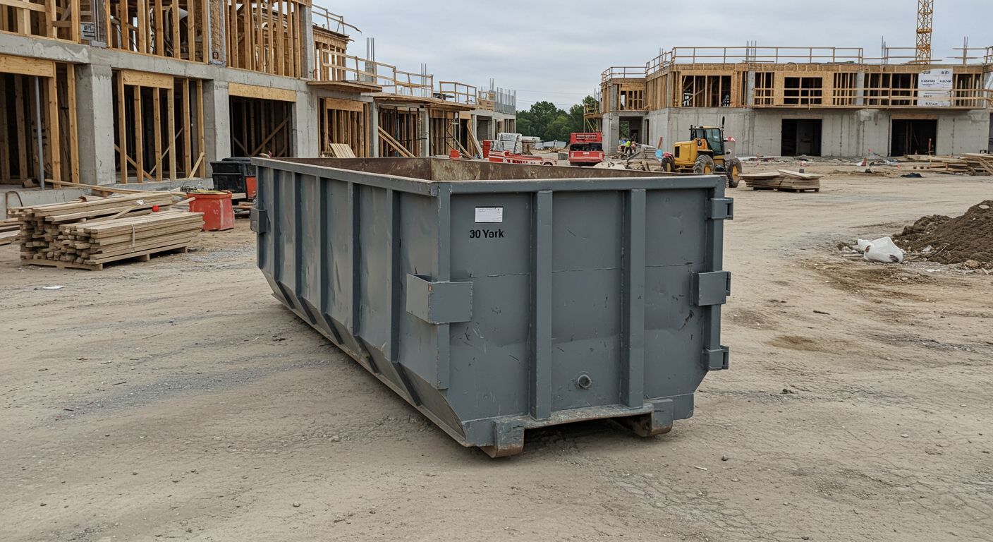 Gray dumpster on construction site, partially full. Wood-framed buildings under construction in background.