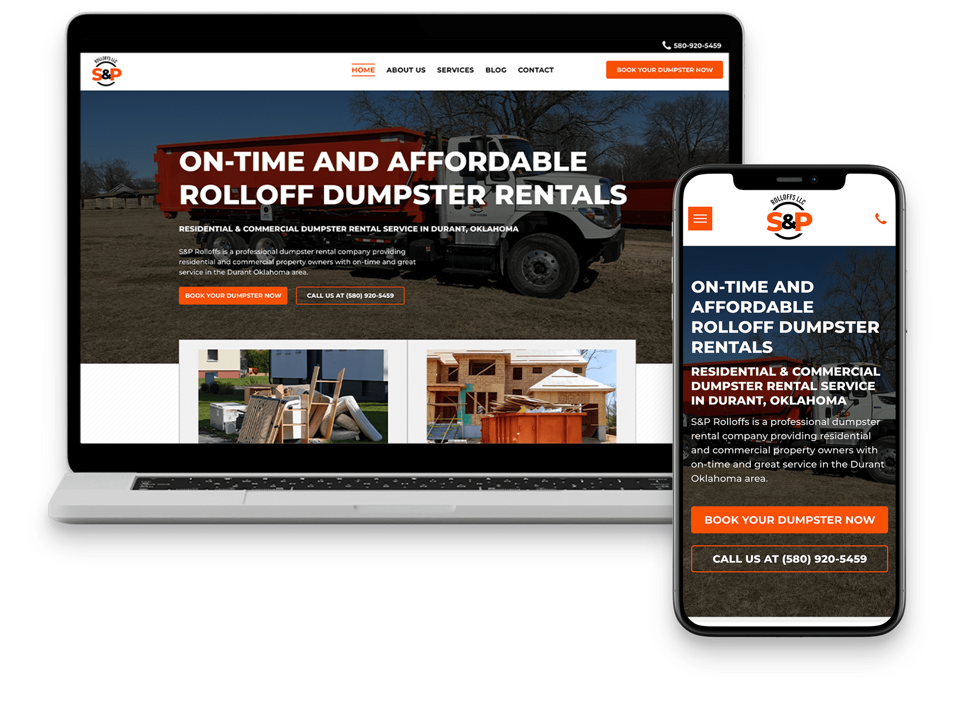 Website displaying roll-off dumpster rentals on a laptop and phone. Offers on-time, affordable rentals.