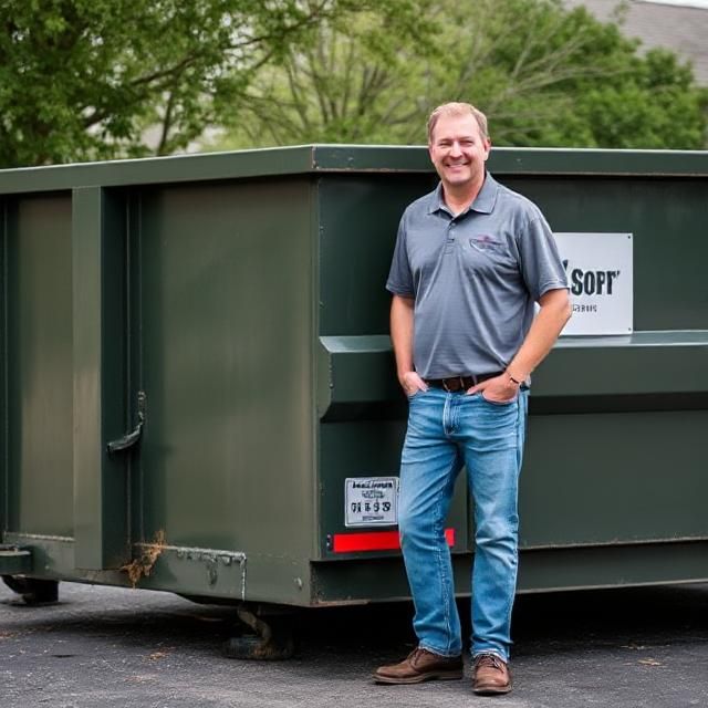 Man in gray shirt and jeans stands next to a large, dark green dumpster; outdoors.