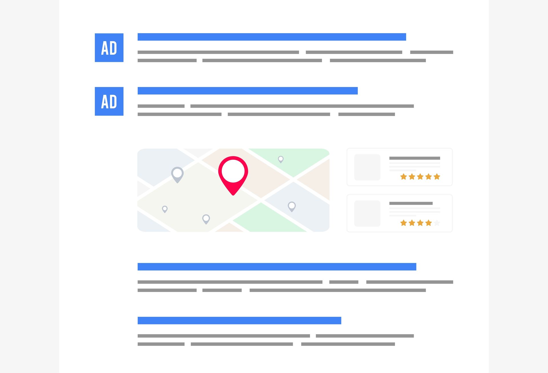 Dumpster Rental Ads above a map with a location marker, plus search results.