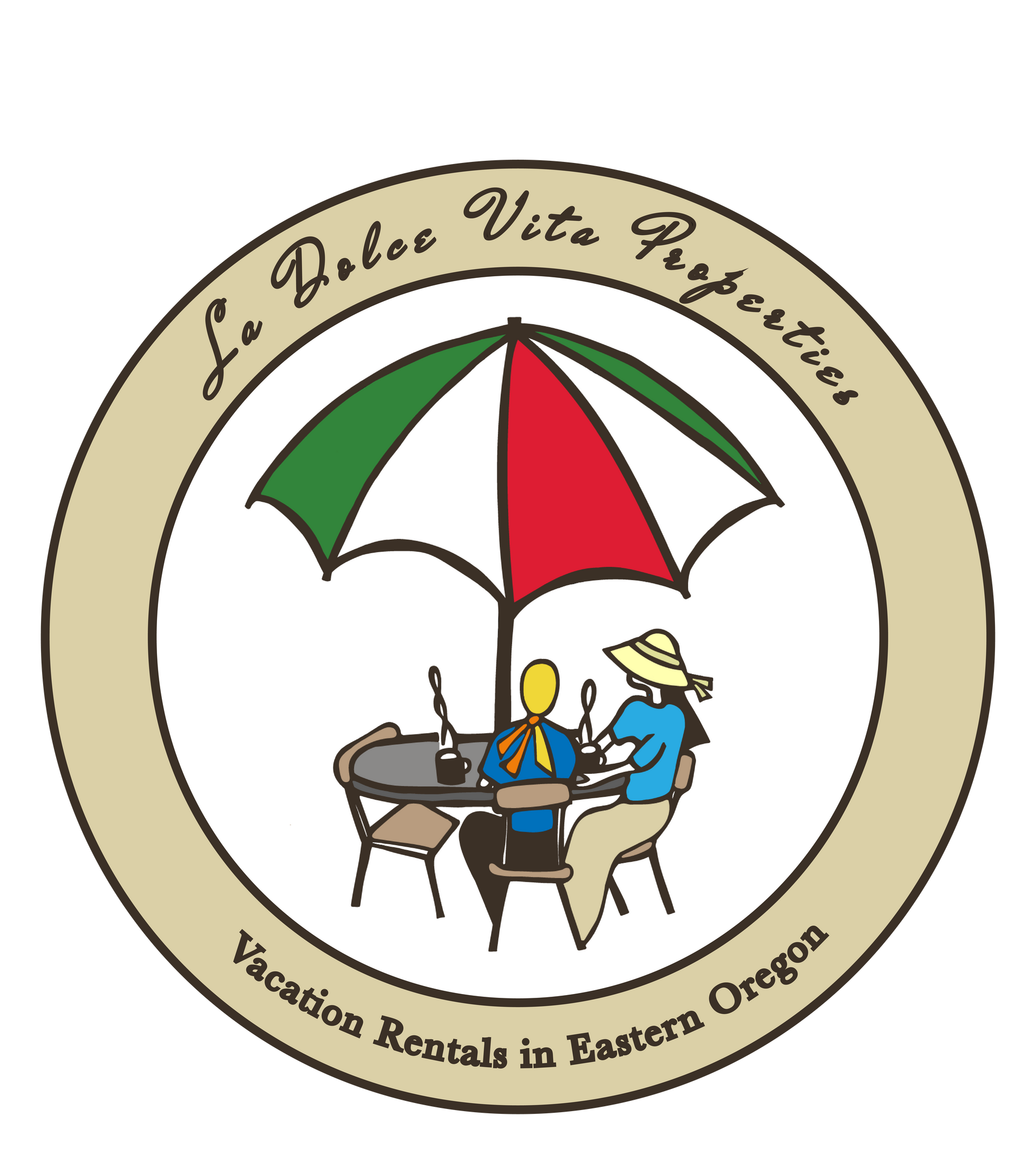 Logo for La Dolce Vita Pizzeria, showing people dining under a red, white, and green umbrella.