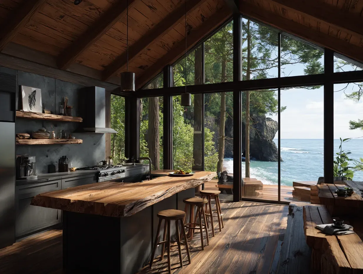 Rustic kitchen with ocean view: wooden island, floor-to-ceiling windows, forest, beach, and a cozy, inviting atmosphere.
