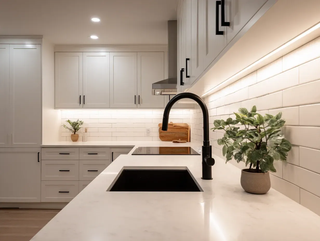 Modern white kitchen with black faucet, sink, and cabinet hardware; plants on the counter.