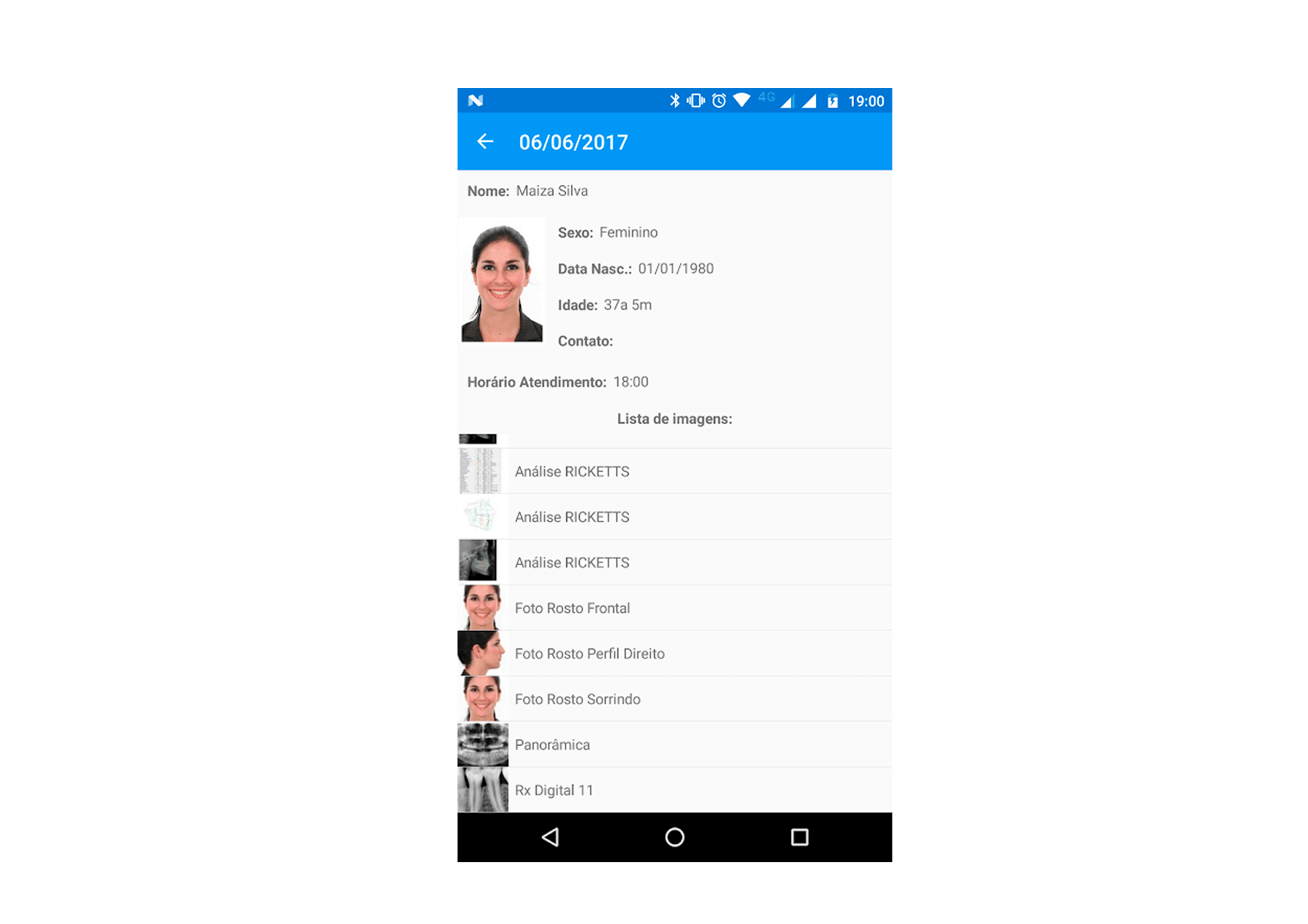 Aplicativo móvel exibindo um perfil de usuário com foto e lista de usuários associados.