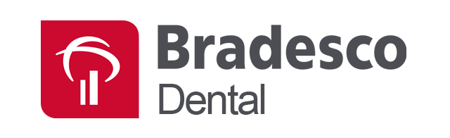 Logotipo da Bradesco Dental, quadrado vermelho com design abstrato branco e texto cinza.