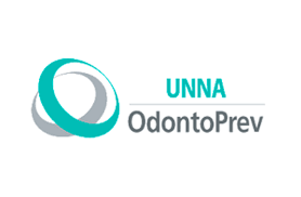 Logotipo da UNNA OdontoPrev: círculo abstrato turquesa e cinza com o nome da empresa.