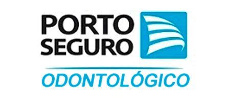 Porto Seguro Odontológico logo with text and blue square with curved lines.
