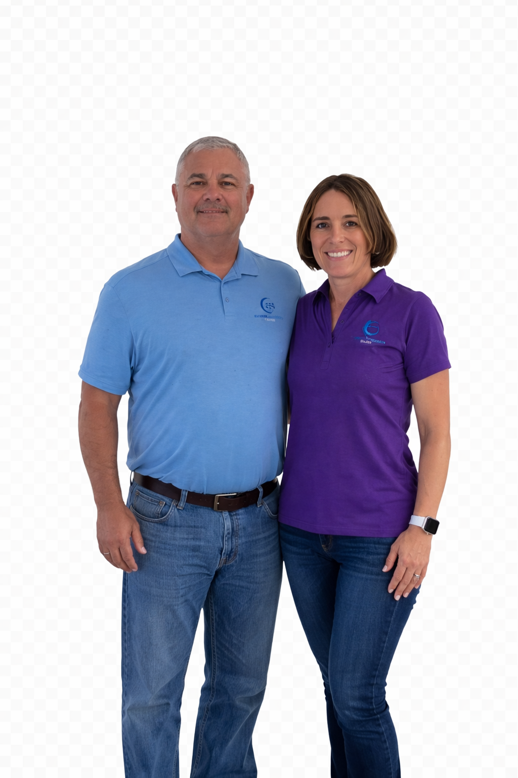 Man in blue shirt and woman in purple shirt, smiling, posing together.