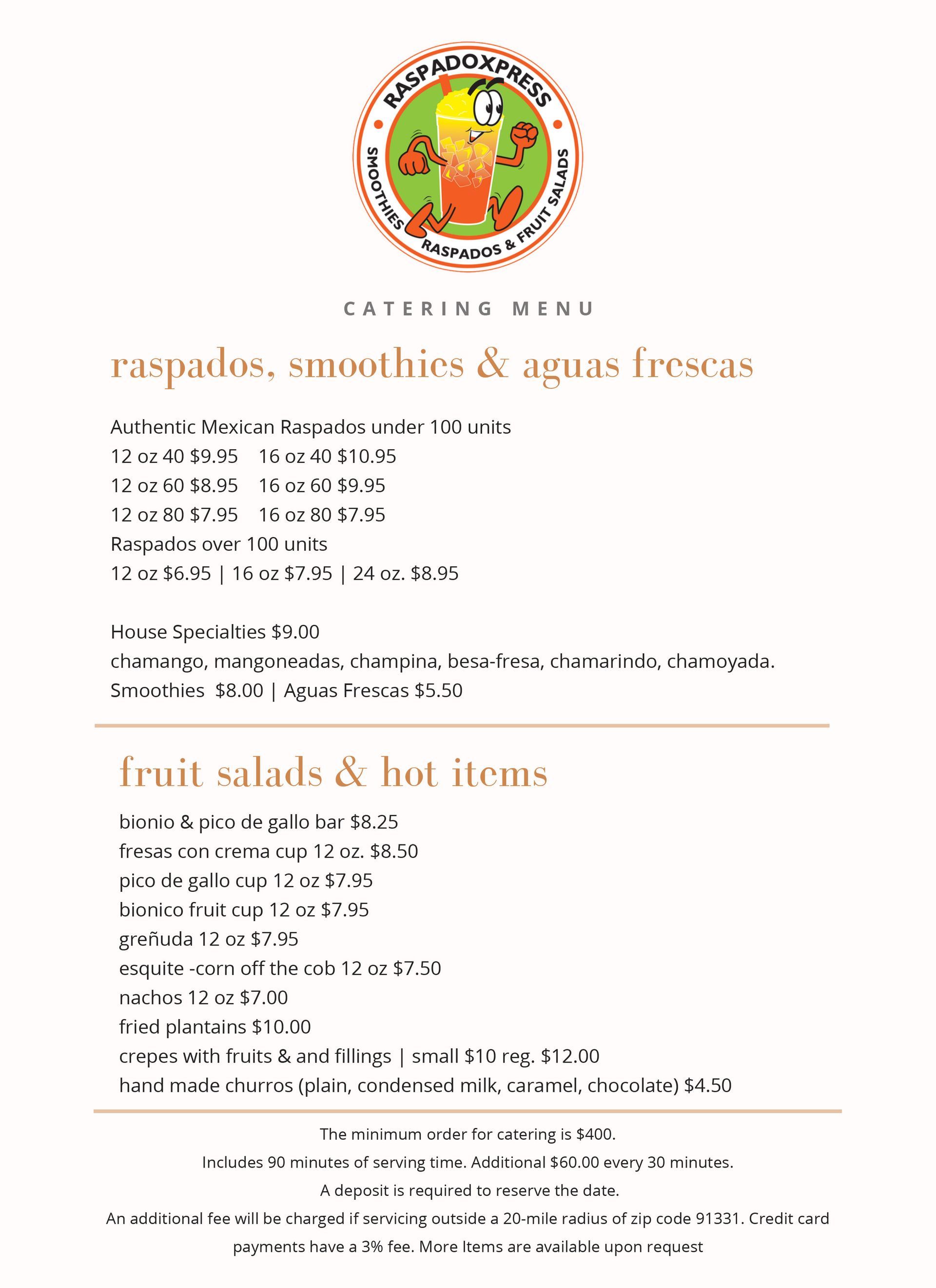 Catering menu for raspados, smoothies, aguas frescas, fruit salads, and hot items.
