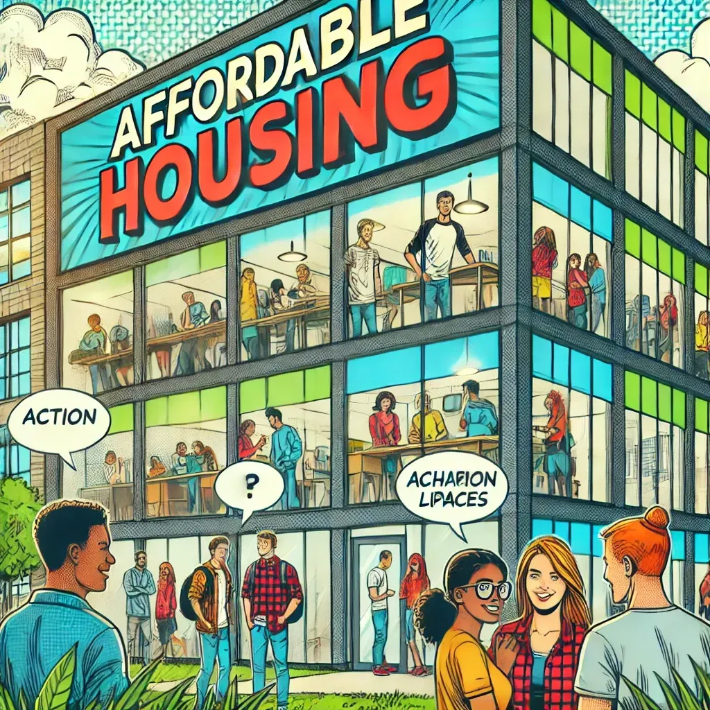 A group of people are standing in front of an affordable housing building