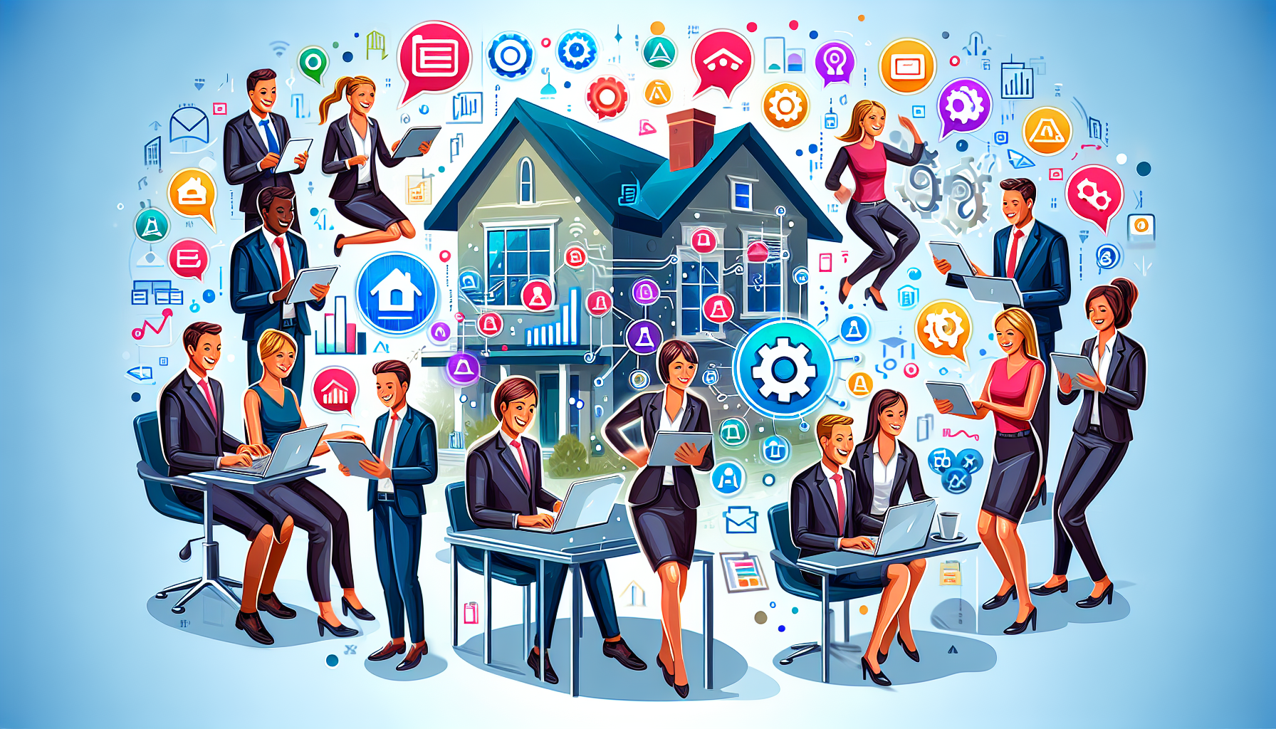 A group of people are sitting around a table in front of a house.