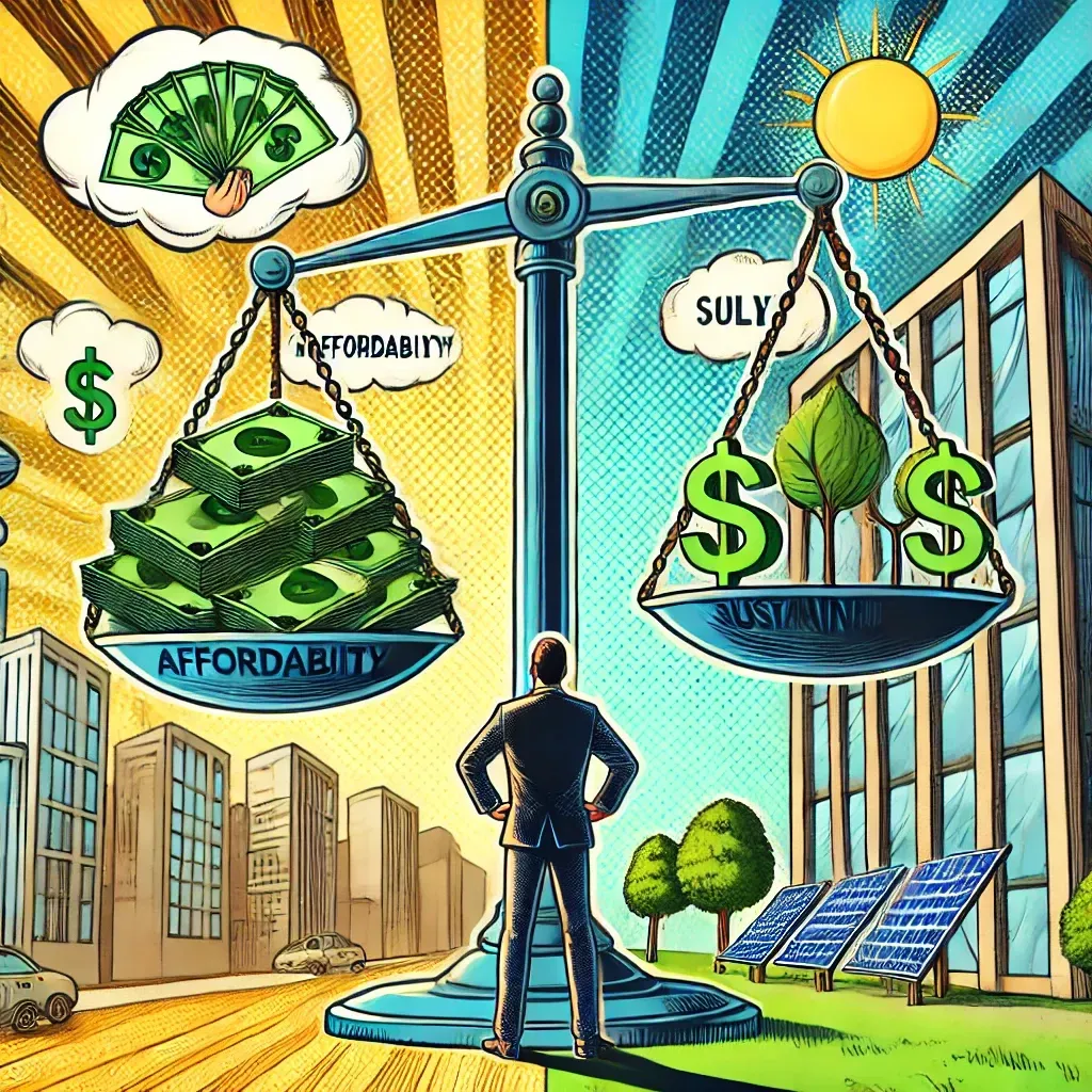 A man is standing in front of a scale that says affordability on it