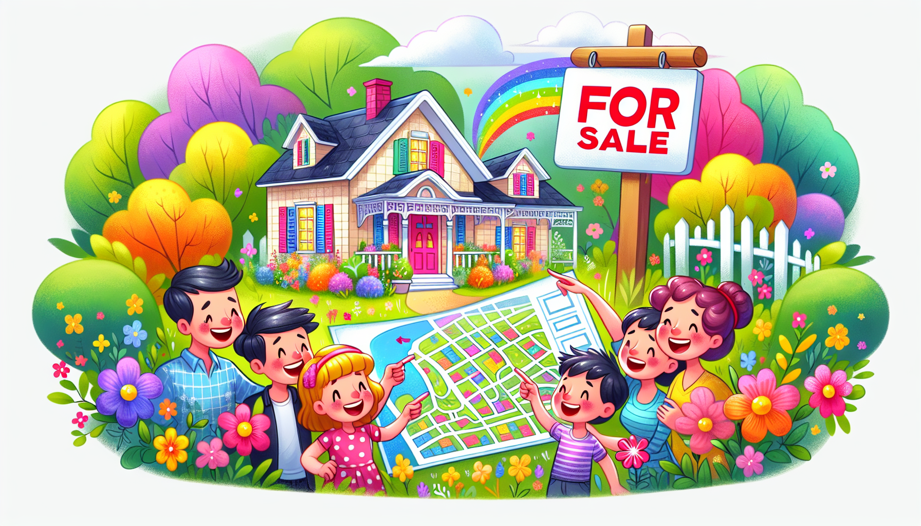 A family is looking at a map in front of a house for sale.