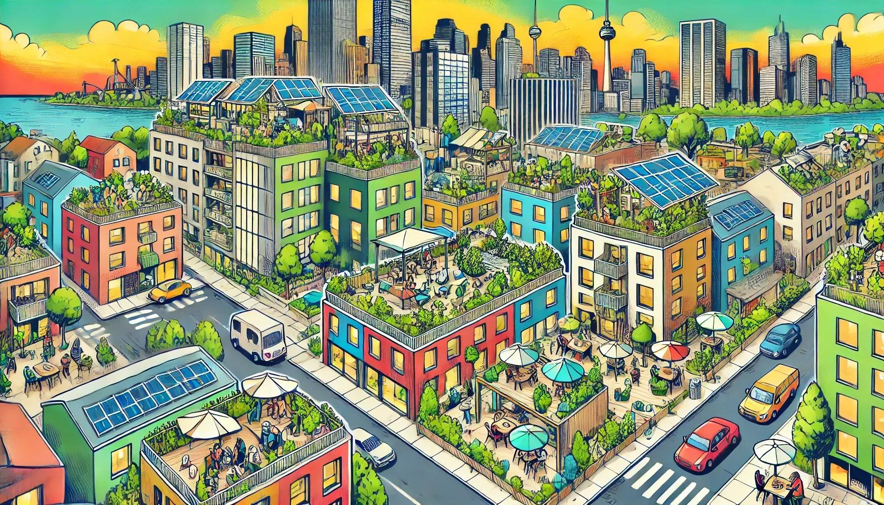 An aerial view of a city with lots of buildings and trees.