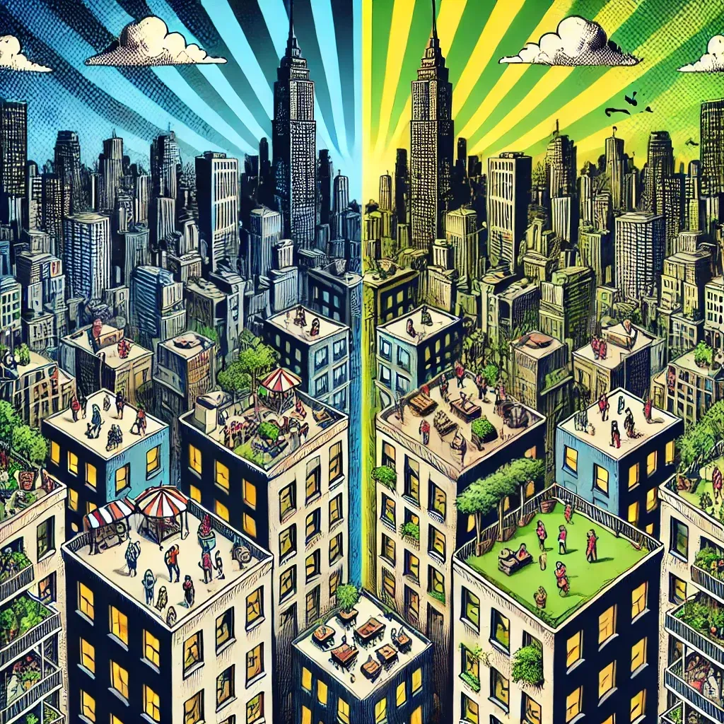 A cartoon drawing of a city with people on the roofs
