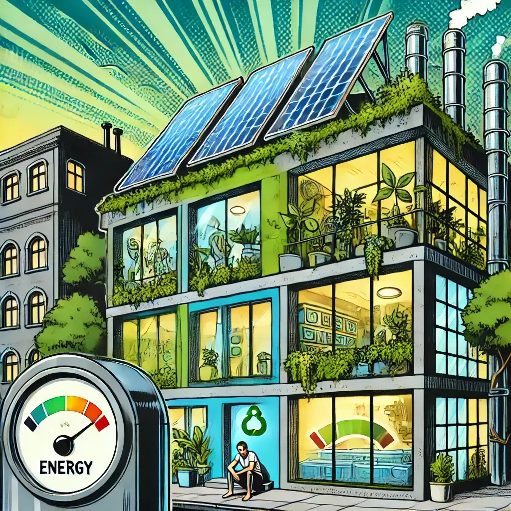 A cartoon drawing of a building with solar panels and an energy meter