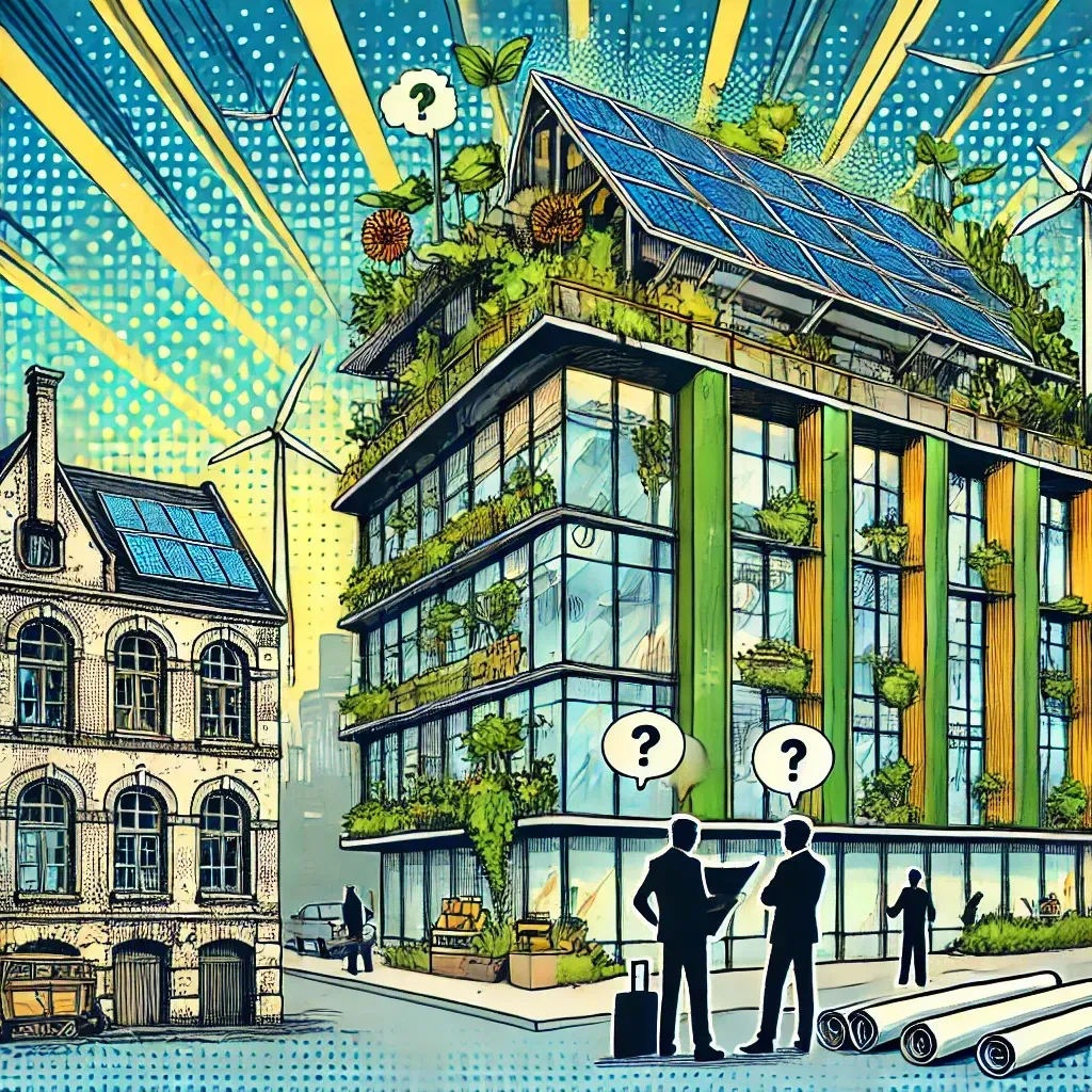 An illustration of a futuristic city with drones flying over houses.