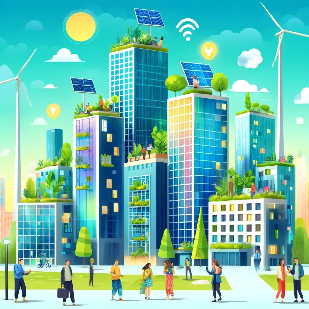 An illustration of a city with a lot of buildings and people