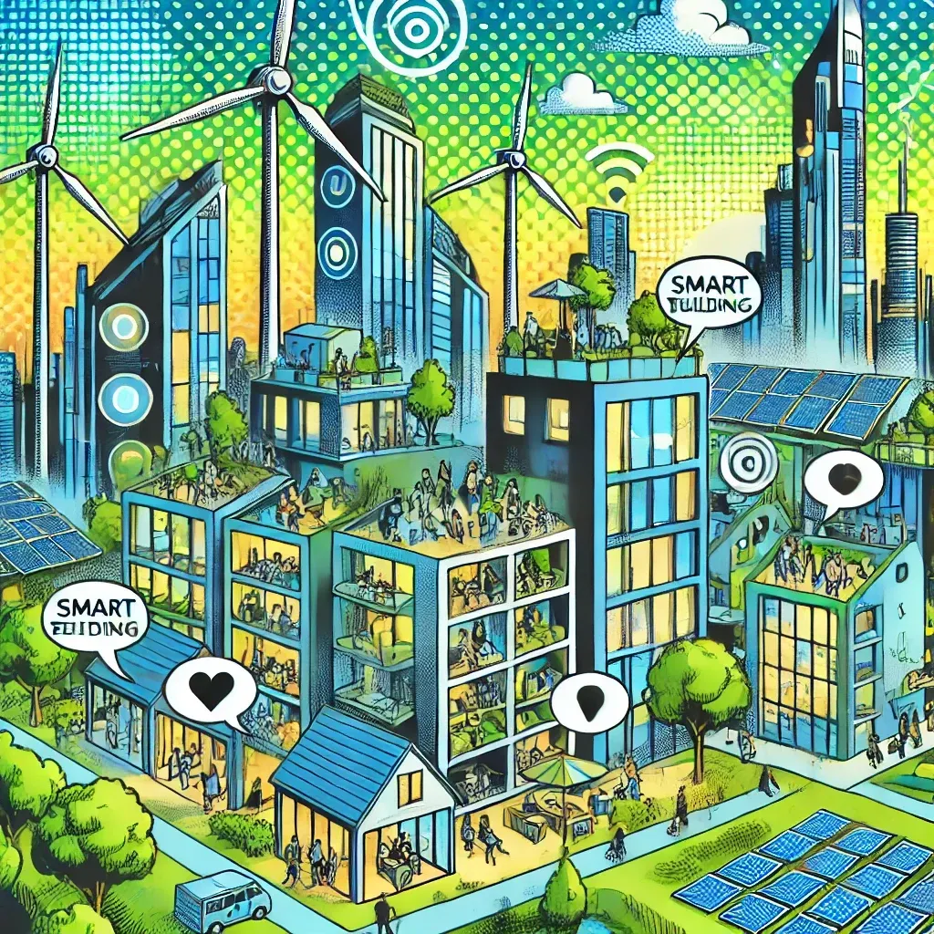 An illustration of a smart city with wind turbines and solar panels