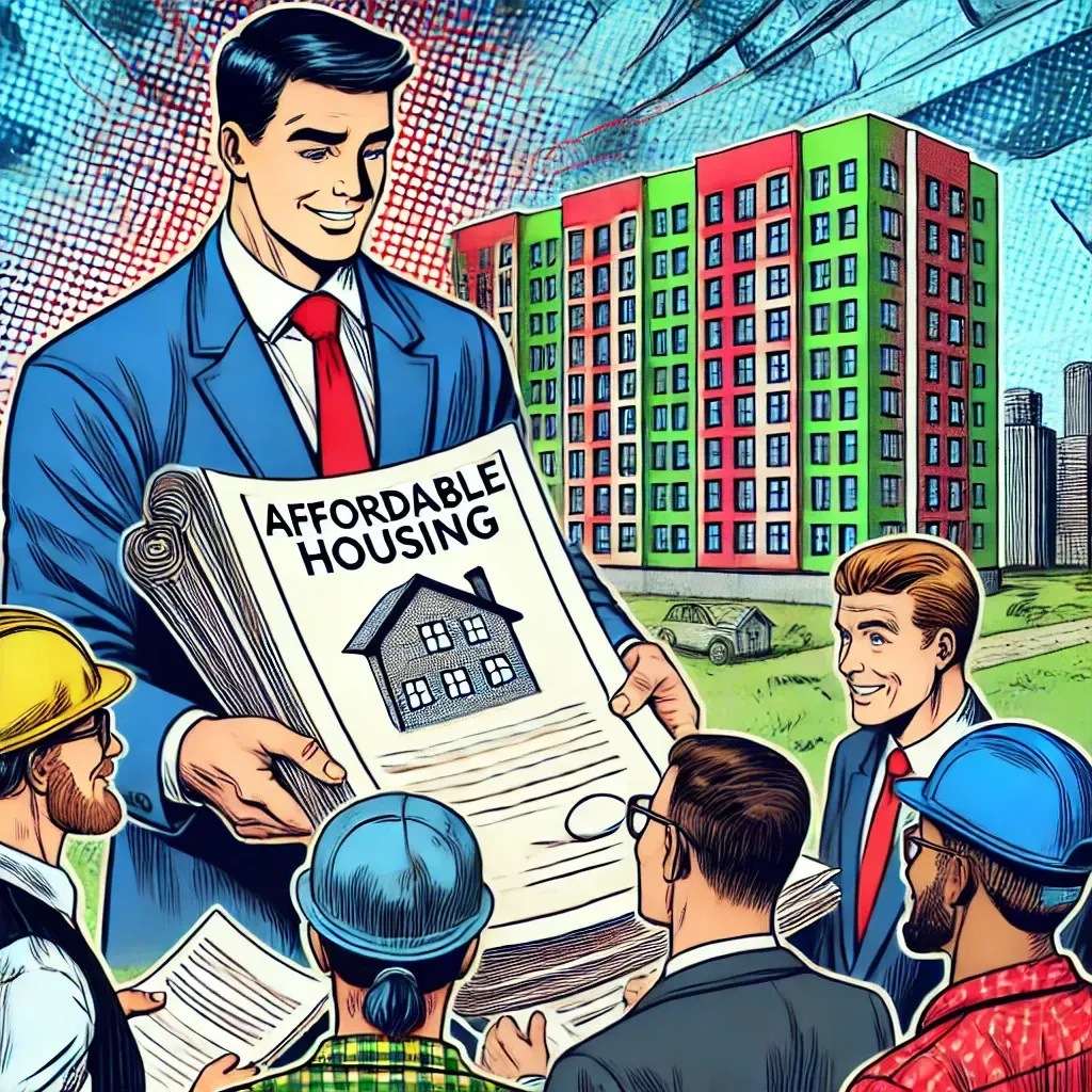 A man is holding a newspaper that says affordable housing