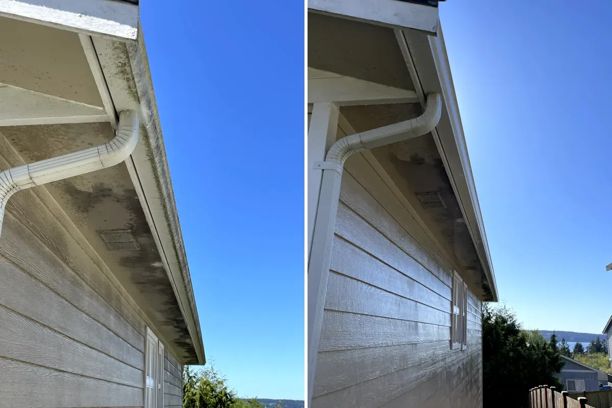 A before and after picture of a gutter on a house.