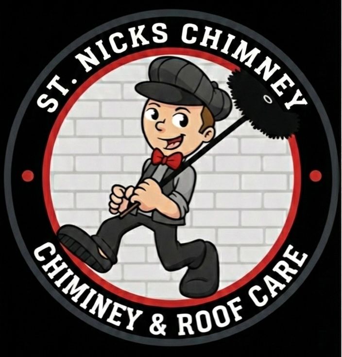 Cartoon chimney sweep with a sooty brush, running. He wears a newsboy cap, bow tie, and holding his tools.