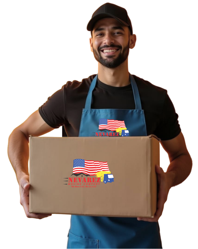 A man in an apron is holding a cardboard box and smiling.
