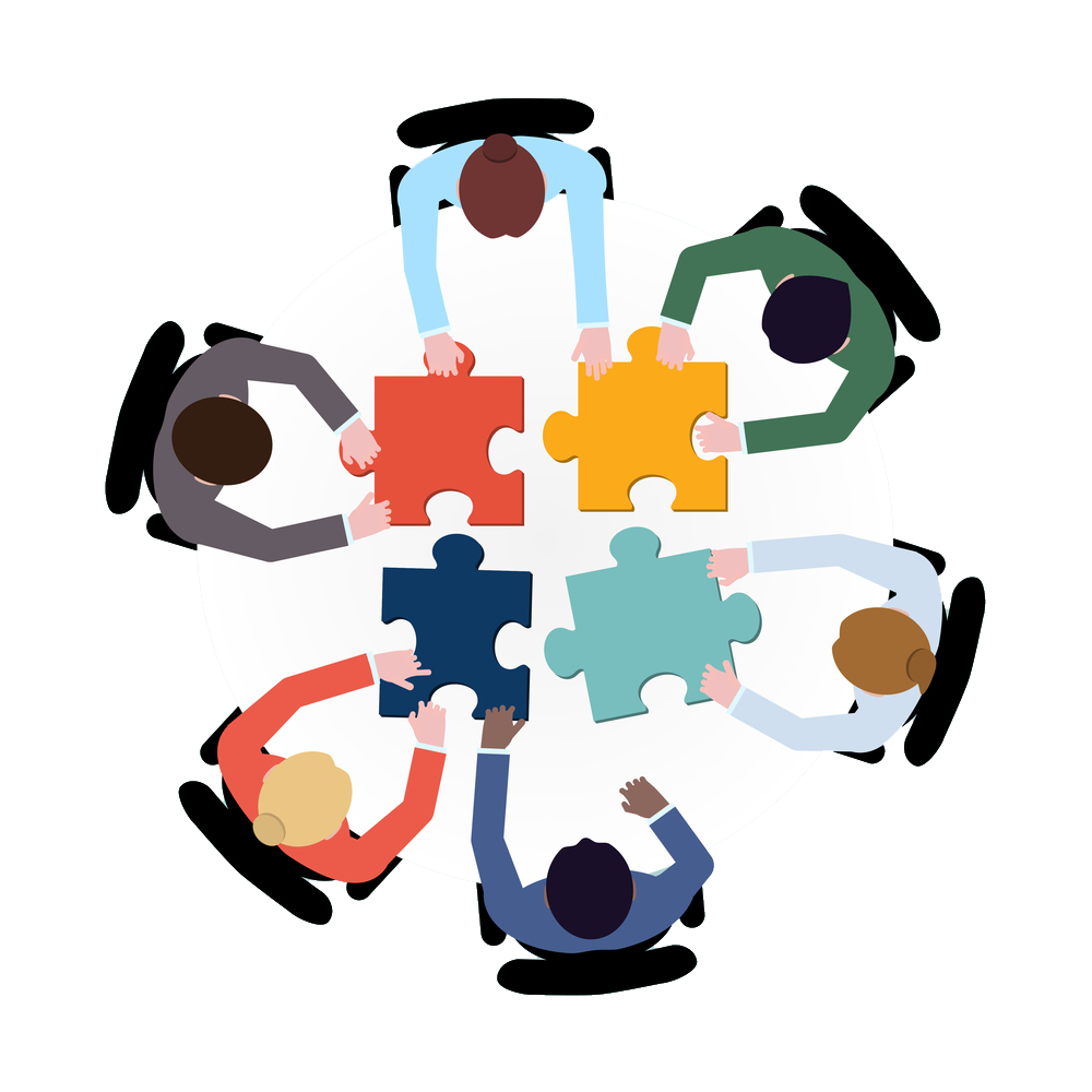 Persone sedute in cerchio che assemblano i pezzi di un puzzle, concetto di lavoro di squadra.