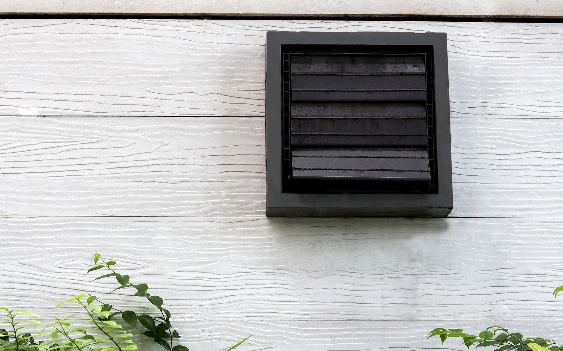 Black vent cover on a light gray, textured wall, with green foliage at the bottom.