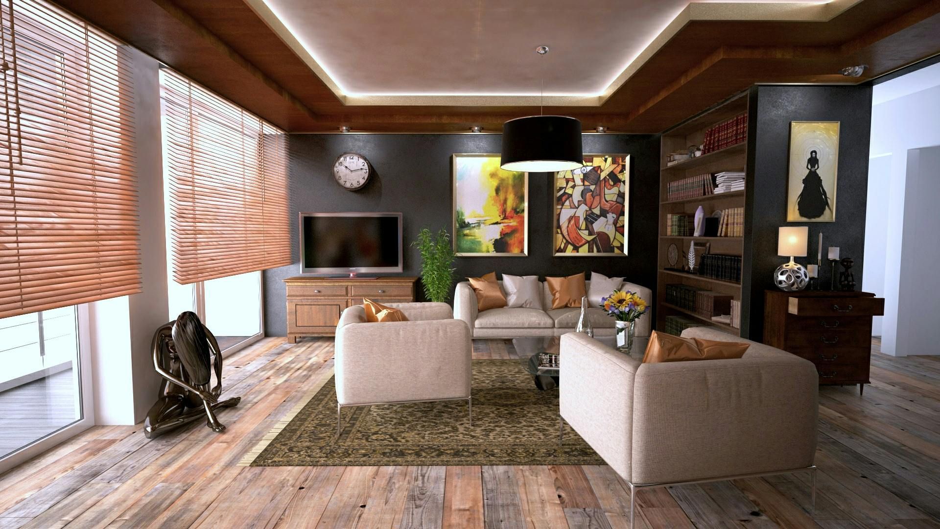 Living room with modern decor; wood floors, dark walls, sofa, armchairs, art, TV, and large windows with blinds.