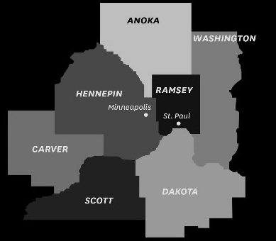 Map of the Minneapolis-St. Paul metropolitan area, highlighting counties like Hennepin, Ramsey, and Washington.