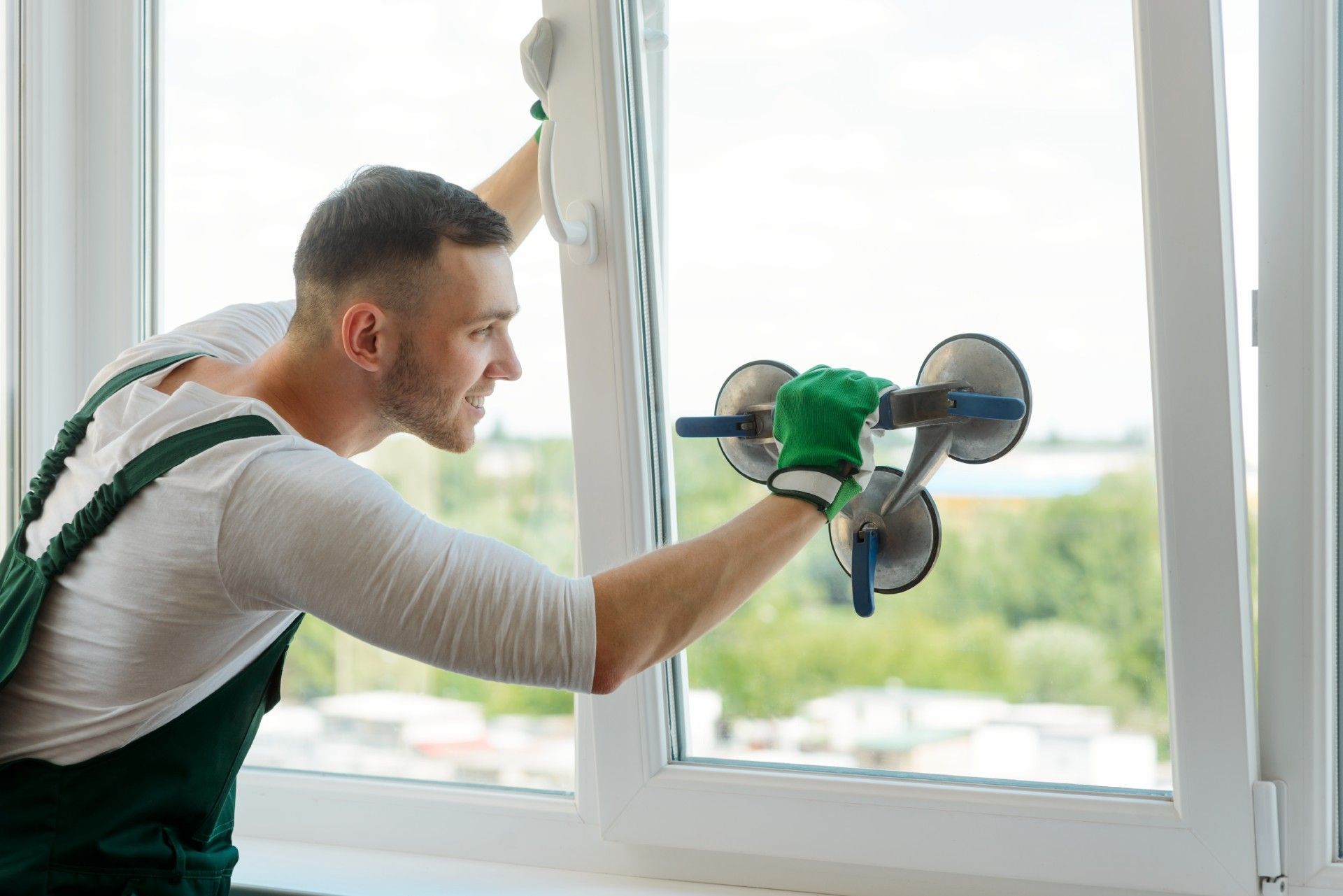 A man is installing a window with a glass lifter.