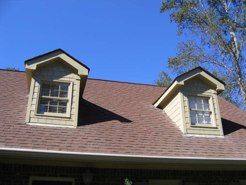 The roof of a house has two windows on it