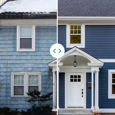 A before and after photo of a blue house