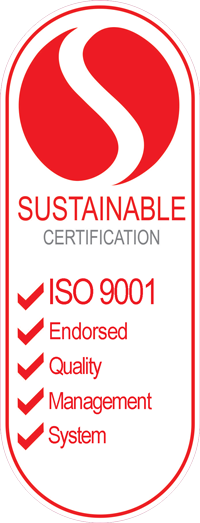 A red and white logo that says sustainable certification iso 9001 endorsed quality management system.