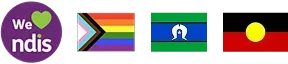 I love NDIS logo, Pride flag, Torres Strait Islander flag, and Aboriginal flag.