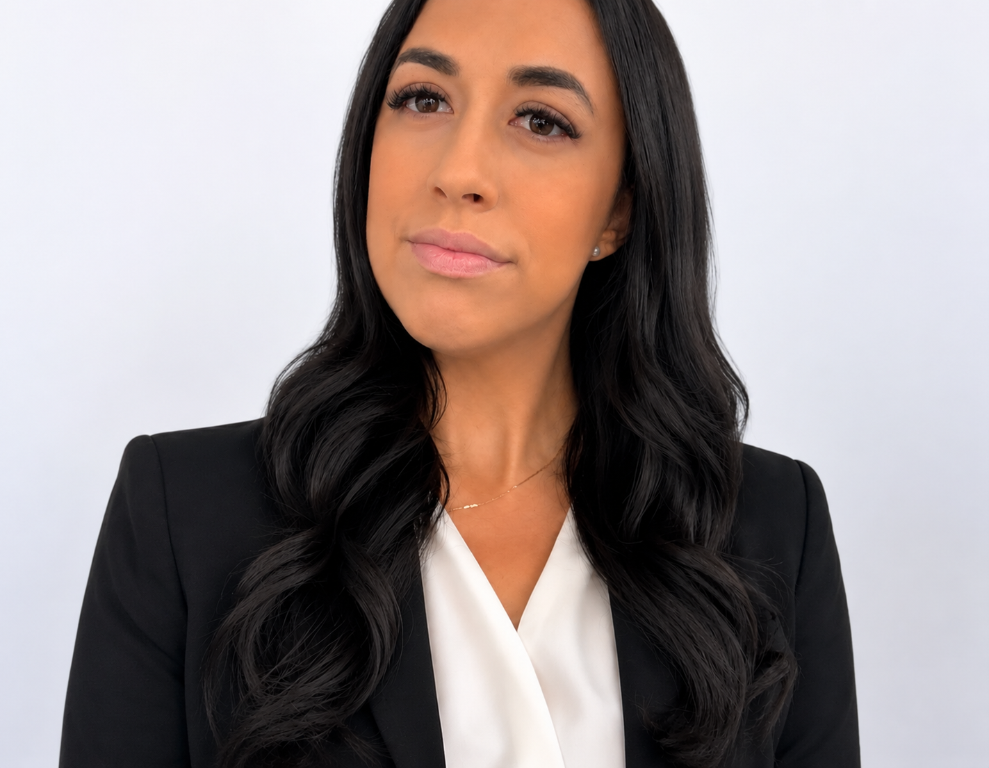 Woman in a black blazer and white blouse against a light background, looking at the camera.