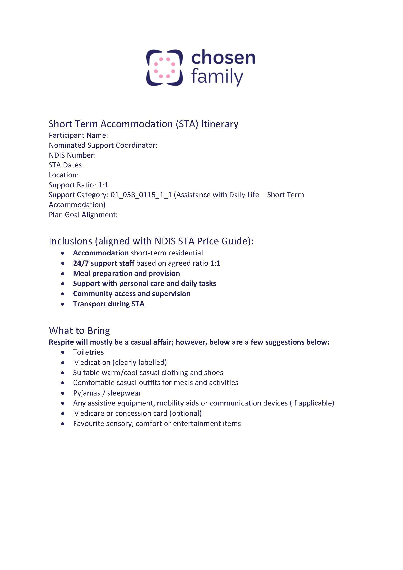 Flyer from "chosen family" with details about Short Term accomodation and an example of an itinerary