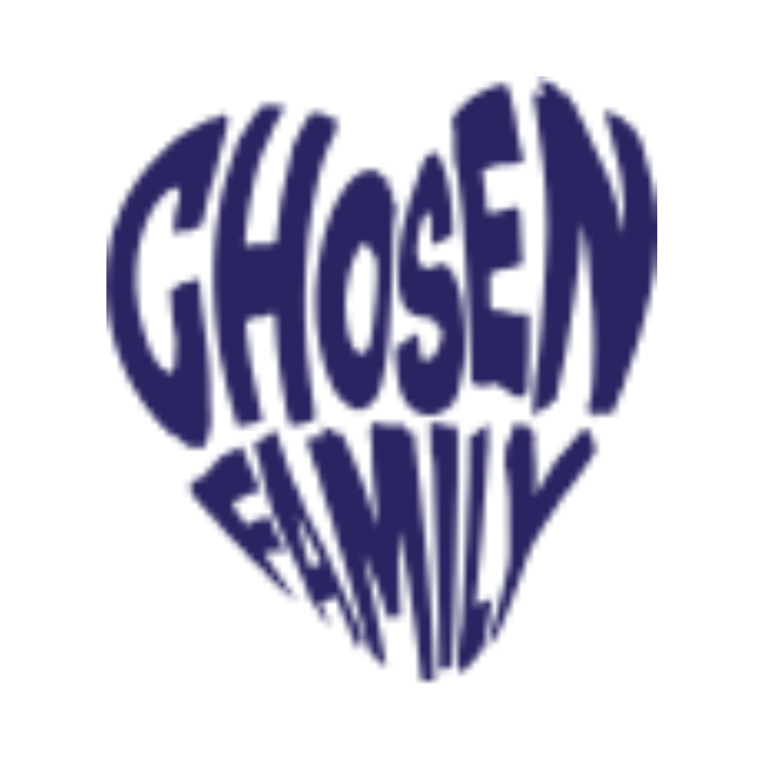 Dark blue heart shape with the words "CHOSEN FAMILY".