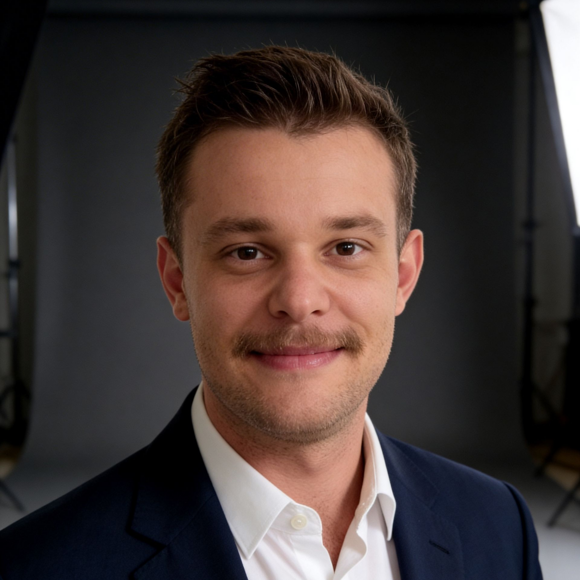 A professional portrait of a person with a mustache, wearing a white shirt and dark blazer against a grey backdrop.