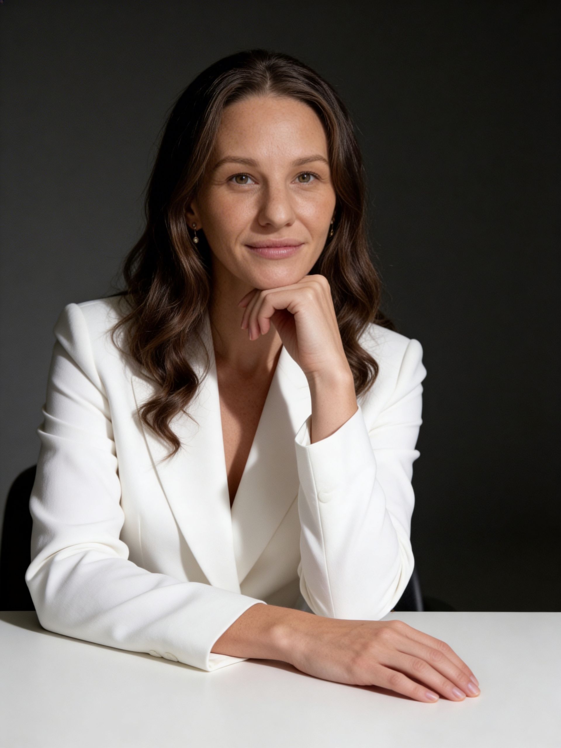 A person with long dark hair wearing a white blazer, resting their chin on their hand at a table against a dark backdrop.