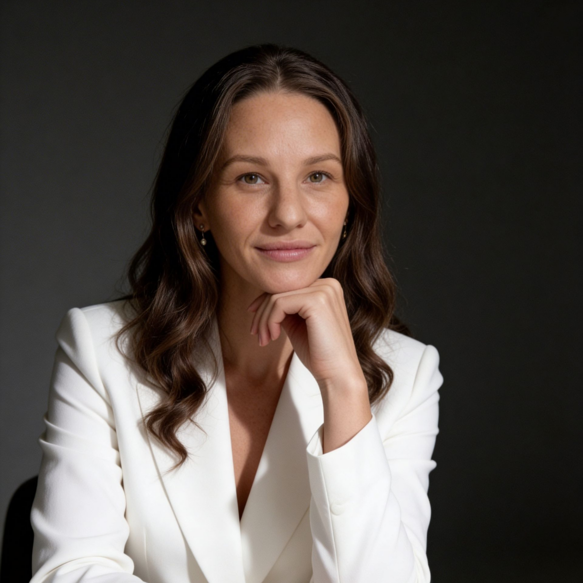 A professional sitting at a table with a hand to their chin, wearing a white blazer against a dark gray background.